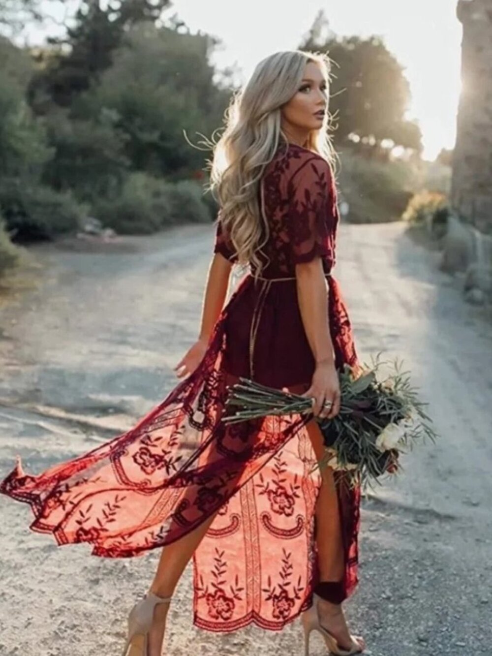 Eleter Red Embroidered Lace Overlay Maxi Dress L - Picture 3 of 9